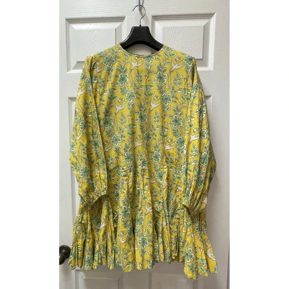 Rhode Women's‎ Small Cotton Floral Crew Neck  Long Sleeve Dress Yellow - Picture 2 of 10
